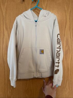 Carhartt Kids' Cream Full-Zip Hoodie with Logo Sleeve, sz 6